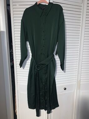 Eloquii Plus Size Women’s Dark Green Satin Belted Long Sleeve Shirtdress